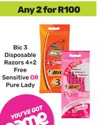 Bic 3 Disposable Razors 4 + 2 Free Sensitive Or Pure Lady-For Any 2
