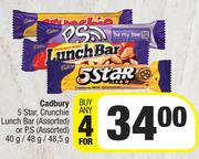 Cadbury 5 Star, Crunchie Lunch Bar (Assorted) Or P.S (Assorted) 40g/48g/48.5g-For Any 4