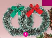 Tinsel Wreath With Red Bow-Each