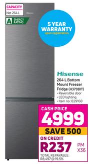 hisense 264l bottom mount fridge freezer h370bit