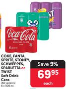 Coke, Fanta, Sprite, Stoney, Schweppes, Sparletta Or Twist Soft Drink Cans(All Variant)-6x300ml Each