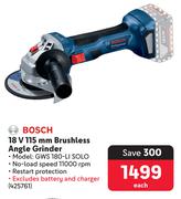 Bosch 18V 115mm Brushless Angle Grinder GWS 180-Li SOLO-Each