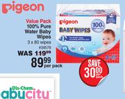 Pigeon Value Pack 100% Pure Water Baby Wipes 3 x 80 Wies-Per Pack