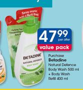 Betadine Natural Defence Body Wash-500ml + Body Wash Refill-400ml Per Offer