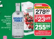 Absolut Vodka (All Variants) 750ml & Spar Juice (All Variants) 1Ltr-Per Combo
