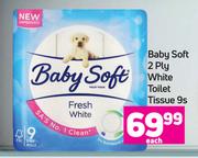 Baby Soft 2 Ply White Toilet Tissue-9 Per Pack