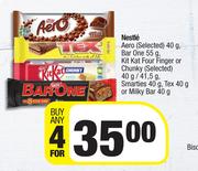 Nestle Aero 40g,Bar One 55g,Kitkat Four Finger Or Chunky 40g/41.5g,Smarties 40g,Tex 40g-For 4