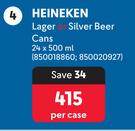 Heineken Lager Or Silver Beer Cns-24 x 500ml Per Case
