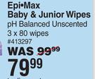 Epi-Max Baby & Junior Wipes PH Balanced Unscented 3 x 80 Wipes