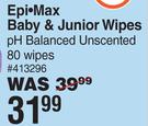 Epi-Max Baby & Junior Wipes PH Balanced Unscented 80 Wipes