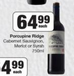 Porcupine Ridge Cabernet Sauvignon, Merlot Or Syrah-750ml Each