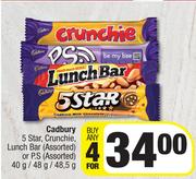 Cadbury 5 Star,Crunchie,Lunch Bar Or P.S Assorted-For Any 2 x 40g/48g/48.5g