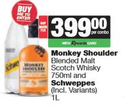 Monkey Shoulder Blended Malt Scotch Whisky 750ml & Schweppes 1L-For Both