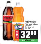 Coca Cola No Sugar,Light Or No Caffeine,Fanta,Sprite Or Stoney Ginger Beer-For 2 x 2.25L