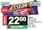Cadbury,Astros,5 Star,P.S,Lunch Bar,Crunchie-For 2 x 40g/44g/48g/48.5g