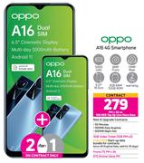 2 x Oppo A16 4G Smartphone-On 1GB Red Top Up Core More Data + On Promo 70