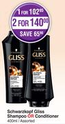 Schwarzkopf Gliss Shampoo Or Conditioner Assorted-For 2 x 400ml