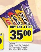Cadbury 5 Star, Lunch Bar (Selected), P.S (Selected)Or Crunchie 40g/48g/48.5g/49g-For Any 4