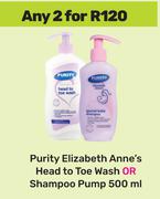 Purity Elizabeth Anne's Head To Toe Wash Or Shampoo Pump-For Any 2 x 500ml