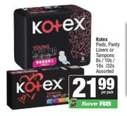 Kotex Pads, Panty Liners Or Tampons 8s/10s/16s/32s Assorted-Per Pack