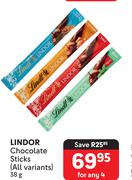 Lindt Lindor Chocolate Sticks (All Variants)-For Any 4 x 38g