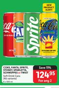 Coke, Fanta, Sprite, Stoney, Sparletta, Schweppes Or Twist Soft Drink Cans-2 x 6 x 300ml