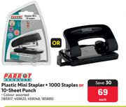 Parrot Products Plastic Mini Stapler + 1000 Staples Or 10-Sheet Punch-Each
