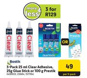 Bostik 3-Pack 25ml Clear Adhesive. 25gm Glue Stick Or 100gm Prestik-Per 3-Pack