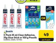 Bostik 3 Pack 25ml  Clear Adhesive, 25g Glue Stick Or 100g Prestik-Per 3 x 3 Pack