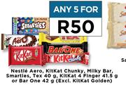 Nestle Aero, Kitkat Chunky, Milky Bar,Smarties,Tex 40g,Kitkat 4 Finger 41.5g Or BarOne 42g-For Any 5