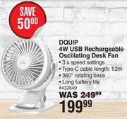 Dquip 4W USB Rechargeable Oscillating Desk Fan