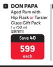 Don Papa Aged Rum With Hip Flask Or Tarsier Glass Gift Pack-750ml Each