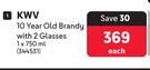 KWV 10 Year Old Brandy With 2 Glasses-750ml Each