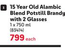 KWV 15 Year Old Alambic Blend Potstill Brandy With 2 Glasses-750ml Each