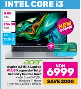 Acer Aspire A315 i3Laptop Plus Kaspersky Total Security Bundle Card