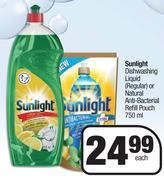 Sunlight Dishwashing Liquid (Regular) Or Natural Anti Bacterial Refill Pouch-750ml Each
