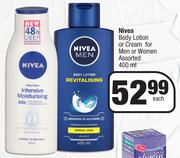 Nivea Body Lotion Or Cream For Men Or Women Assorted-400ml Each