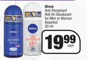 Nivea Anti Perspirant Roll On Deodorant For Men Or Women Assorted-50ml Each
