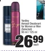 Yardley Aerosol Deodorant For Women Or Men 90ml/125ml-Each