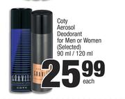 Coty Aerosol Deodorant For Men Or Women 90ml/120ml-Each
