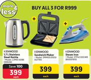 Kenwood 1.7Ltr Stainless Steel Kettle + Kenwood Sandwich Maker + Kenwood Steam Iron-For All 3
