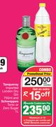 Tanqueray Imported London Dry Gin 750ml & Schweppes Tonic Or Zero Sugar 1L-Per Combo