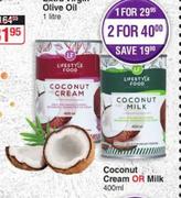 Lifestyle Food Coconut Cream Or Milk-For 2 x 400ml
