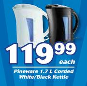 Pineware 1.7Ltr Corded White/Black Kettle-Each