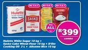 Huletts White Sugar-10kg+Sasko Cake Wheat Flour-10Kg+D'Lite Cooking Oil-2L+Allsome Rice-10Kg Combo
