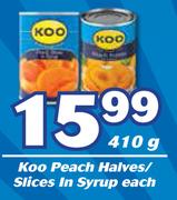 Koo Peach Halves/Slices In Syrup-410g Each