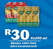 Rhodes 100% Fruit Juice Assorted-6x200ml Each