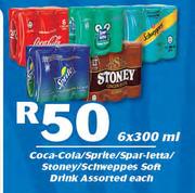 Coca-Cola/Sprite/Spar-Letta/Stoney/Schweppes Soft Drink Assorted-6x330ml Each
