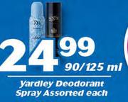 Yardley Deodorant Spray Assorted-90/125ml Each
