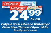 Colgate Total Advance Whitening/Clean Mint/Naturals/Optic White Toothpaste-75ml Each